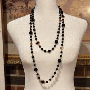 Elegant Black and Gold Beaded Necklace. Size 60 inches. Excellent Used Condition